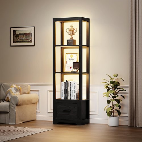 BROTTAR Display Shelf with 3 Color Light, Bookshelf with Drawer, Dimmable Display Cabinet for Collectibles, Bookcase, Display Case for Books, Trophies, Toys, Black