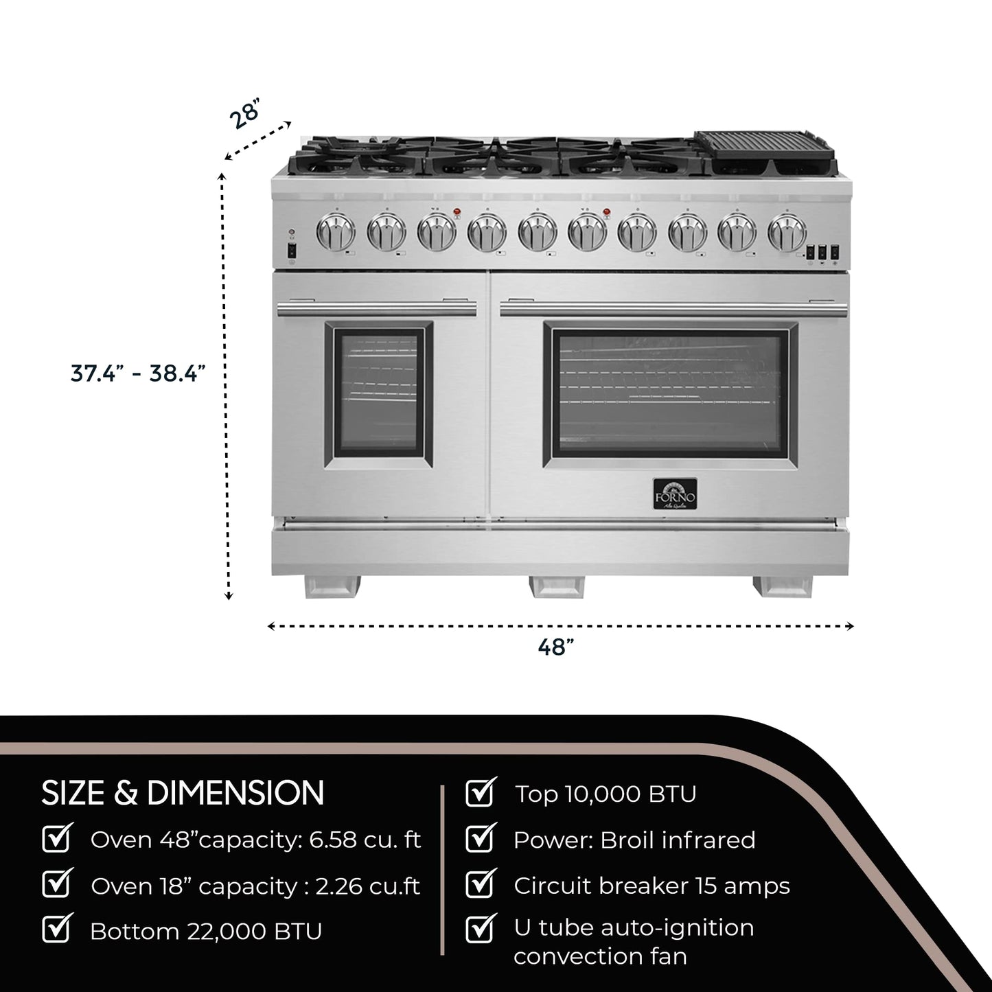 FORNO Capriasca Full Gas 48" Inch. Freestanding Range with 8 Sealed Burners Cooktop - 6.58 Cu.Ft. Double Gas Convection Oven Capacity, Stainless Steel Heavy Duty Cast Iron Grates.