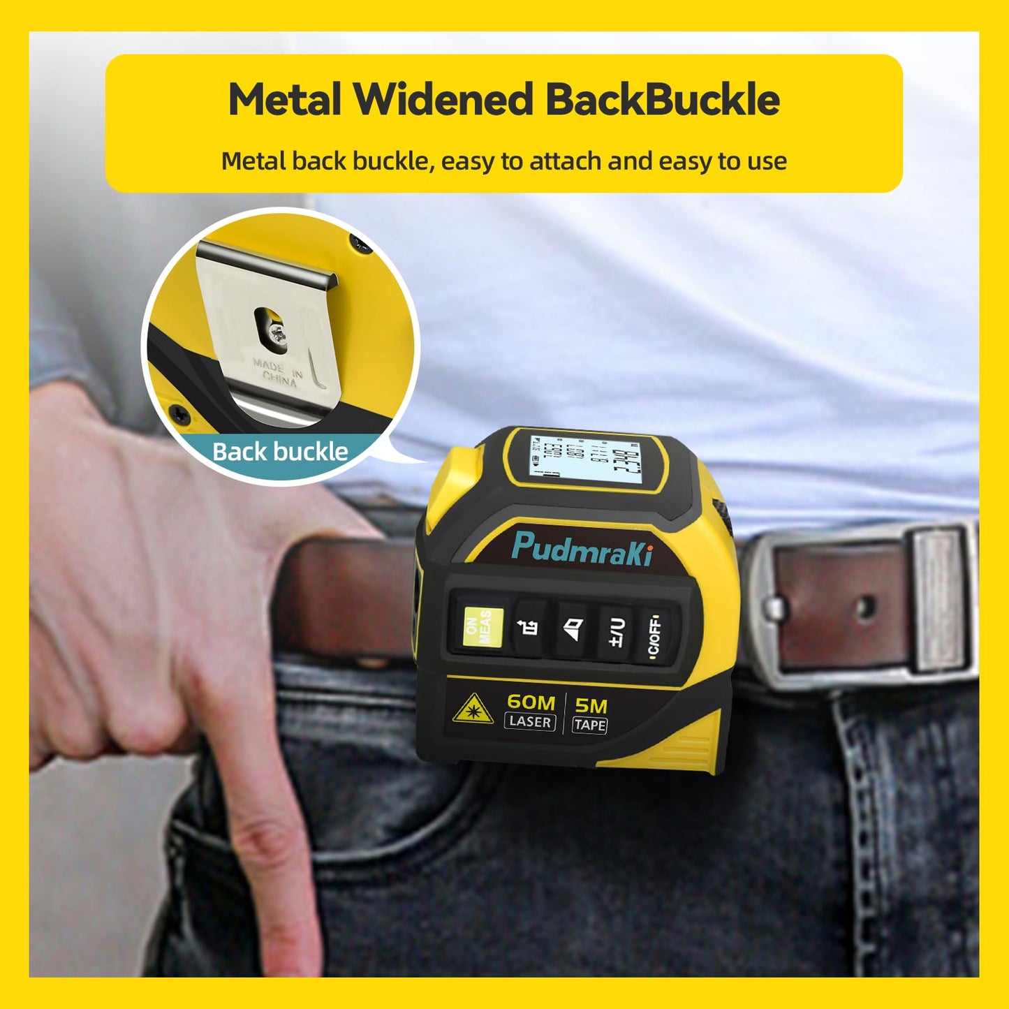 PudmraKi 4-in-1 Laser Tape Measure 196.85Ft Laser Ranging 16.4ft Digital Tape Measure Area, Volume Measurement, Pythagorean Mode, Waterproof and Rechargeable