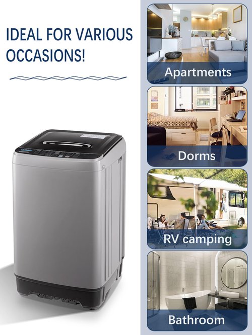 KRIB BLING Full Automatic Washing Machine with LED Display, 17.7 lbs Portable Washer Drain Pump, 10 Programs & 8 Water Levels Selections, Ideal for RV, Kitchen Camping, Apartment, Dorm, Dark Grey