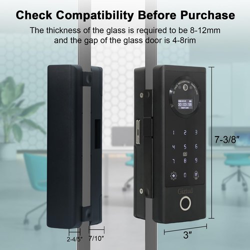 Smart Glass Door Lock for Frameless Glass Doors, 7in 1 Keyless Enter Gate Locks with Face Recognition,Fingerprint, WiFi Remote Control, IC Card, Palm Vein,No-Drill Installation for Office,Shop,Home
