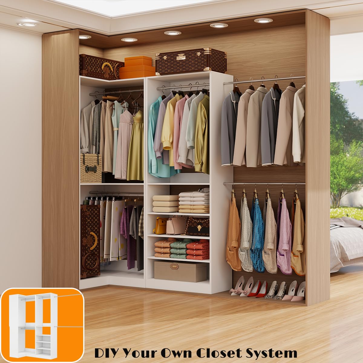 Closet Organizer Systems with 5 Hanging Rods & Adjustable Shelves Walk in Storage Closet Free Standing Closet System Corner Closet System 2 Set, White