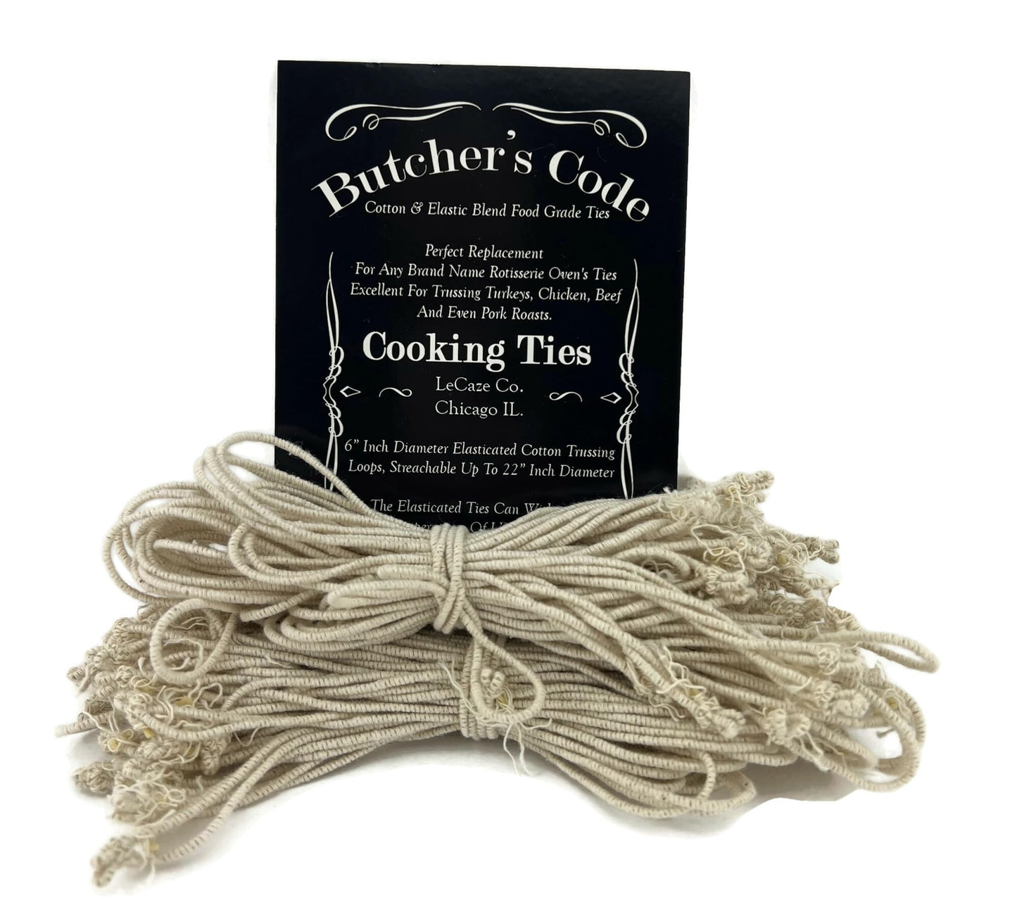 Butchers Code Rotisserie Cooking Ties – 50 Heat-Safe Cotton Elastic Loops | Trussing Twine for Chicken, Turkey, Meat, Roast, Grill, Oven Use