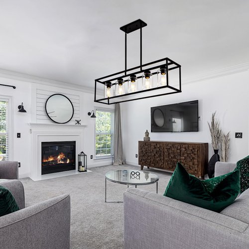 HCCZ 5 Light Dining Room Light Fixture Matte Black Farmhouse Chandelier Over Table Rectangular Kitchen Pendant Lighting Rectangle Modern Industrial Living Room Hanging Lights Adjustable Height