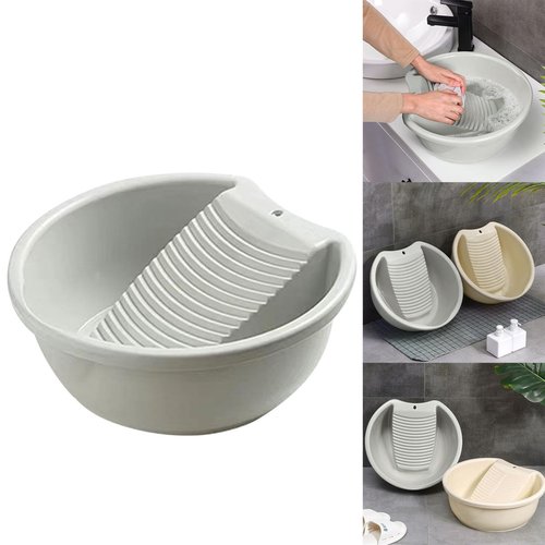 Washboard 𝘽𝙖𝙨𝙞𝙣 for Hand Washing Clothes, Plastic Washtub with Built-in Washboard, Non-Slip Design for Delicate Laundry, Ideal for Home, Dorm, Camping & Travel Use (Grey)