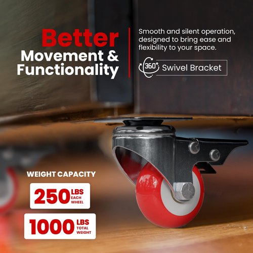 Online Best Service 4 Pack Caster Wheels Swivel Plate On Red Polyurethane Wheels (3 inch with Brake)