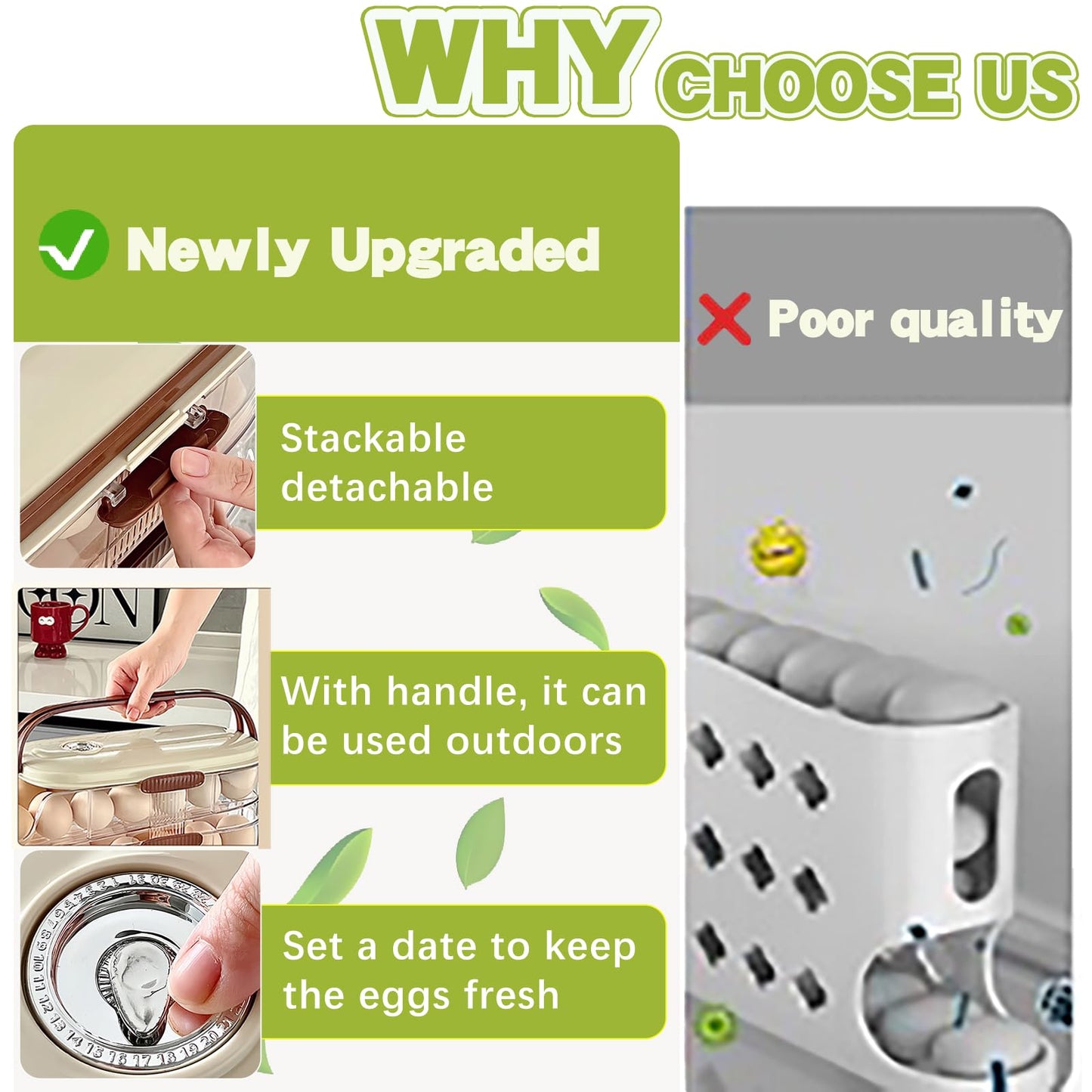 Egg Holder for Fridge with Lid and Handle, Automatic Rolling Egg Container for Refrigerator, Stackable Egg Organizer for Refrigerator, Countertop, Kitchen & Outdoor Use,Pantry Storage, Timed Freshness