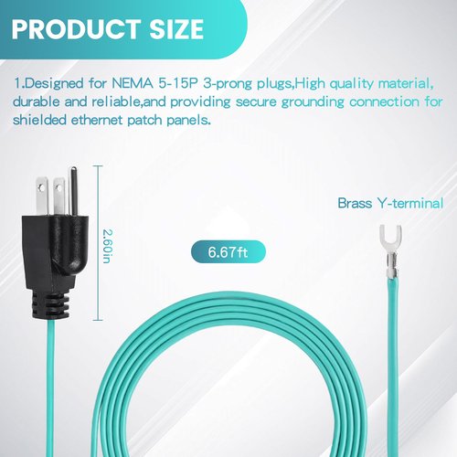 Zookpr Shielded Ethernet Patch Panel Bond Ground Extension Cord Neutral Grounding Bonding Plug Cable NEMA 5-15P 3 Prong Plug (6.6FT)