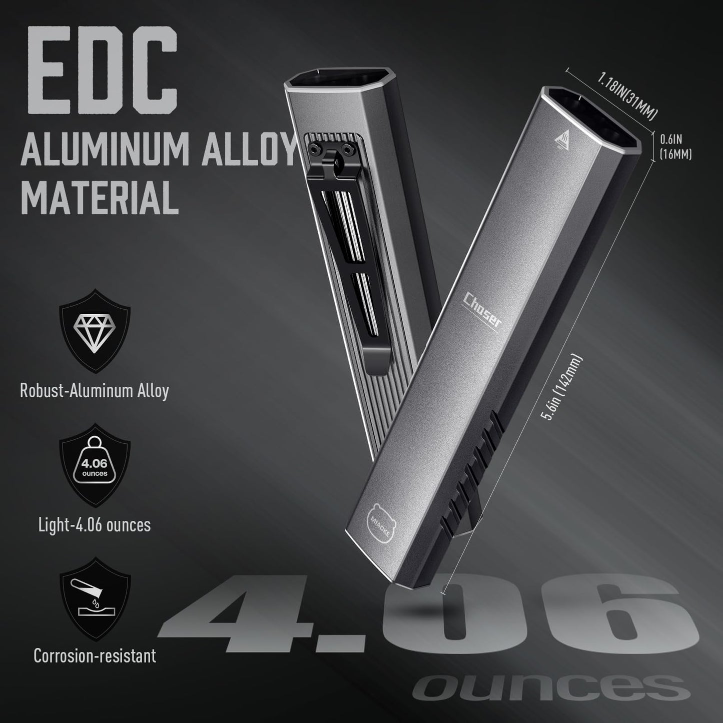 MIAOKE Rechargeable Ultra Thin EDC Flashlight 3000 Lumens UV and White LED Combo Dual Light Sources Compact Pocket Clip Light for Home, Outdoor, Emergency, Night Working, Cycling-Chaser/Gray