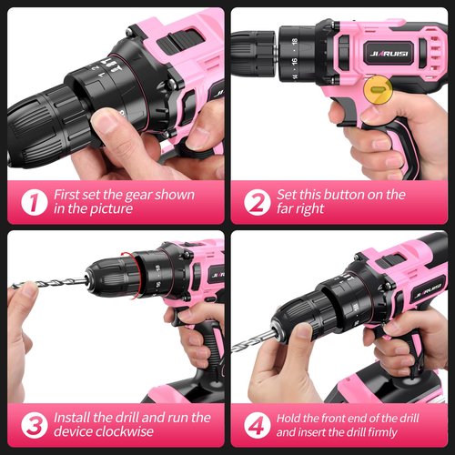 20V Cordless Drill, Electric Power Drill Set with Battery Charger, 3/8” Keyless Chuck, 2 Variable Speed, 18+3 Torque, 72pcs Driver Bits and Belt Hook, Pink