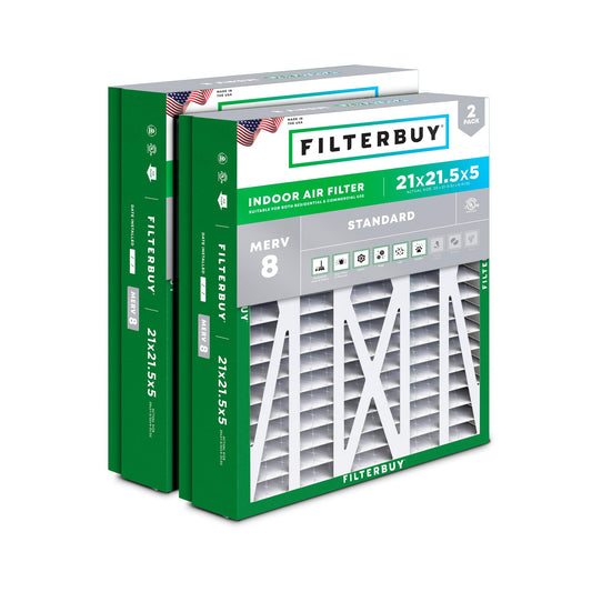 Filterbuy 21x21.5x5 Air Filter MERV 8 Essential Dust & Allergy Defense (2-Pack), Pleated HVAC AC Furnace Filters for Trane Perfect Fit & American Standard (Actual Size: 20.00 x 21.09 x 4.97)