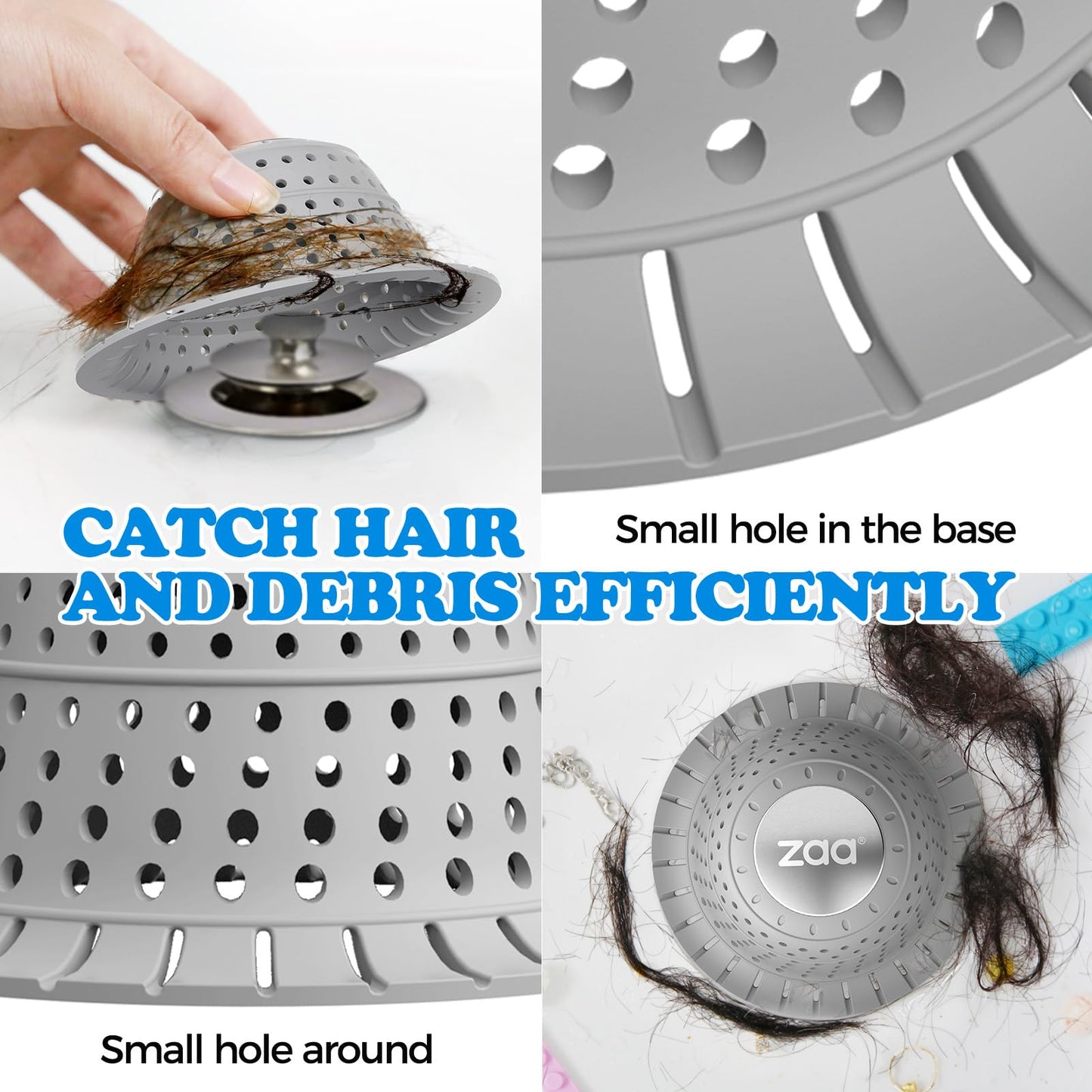 zaa Bathtub Drain Hair Catcher, Silicone Collapsible 3 Pack Drain Protector for Pop-Up and Regular Drains of Shower, Bathtub, Tub, Bathroom, Sink, Black Grey Blue