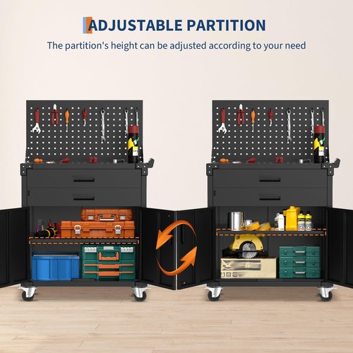 EcoSummer Heavy Duty Steel Rolling Tool Cabinet with Wheels, 2 Drawer, Pegboard, Adjustable Shelves 2 Doors, 35” Mobile Storage for Garage, Workshop, Warehouse Organization
