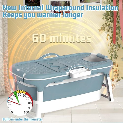 Portable Bathtub with Thermometer,59 Inch Foldable Bathtub for Adults,Soaking Bath Tub with Removable Cushion,Non-Slip Carpet and Cover,Collapsible Tub for Hot Bath, Ice Bath (Blue, 59IN)