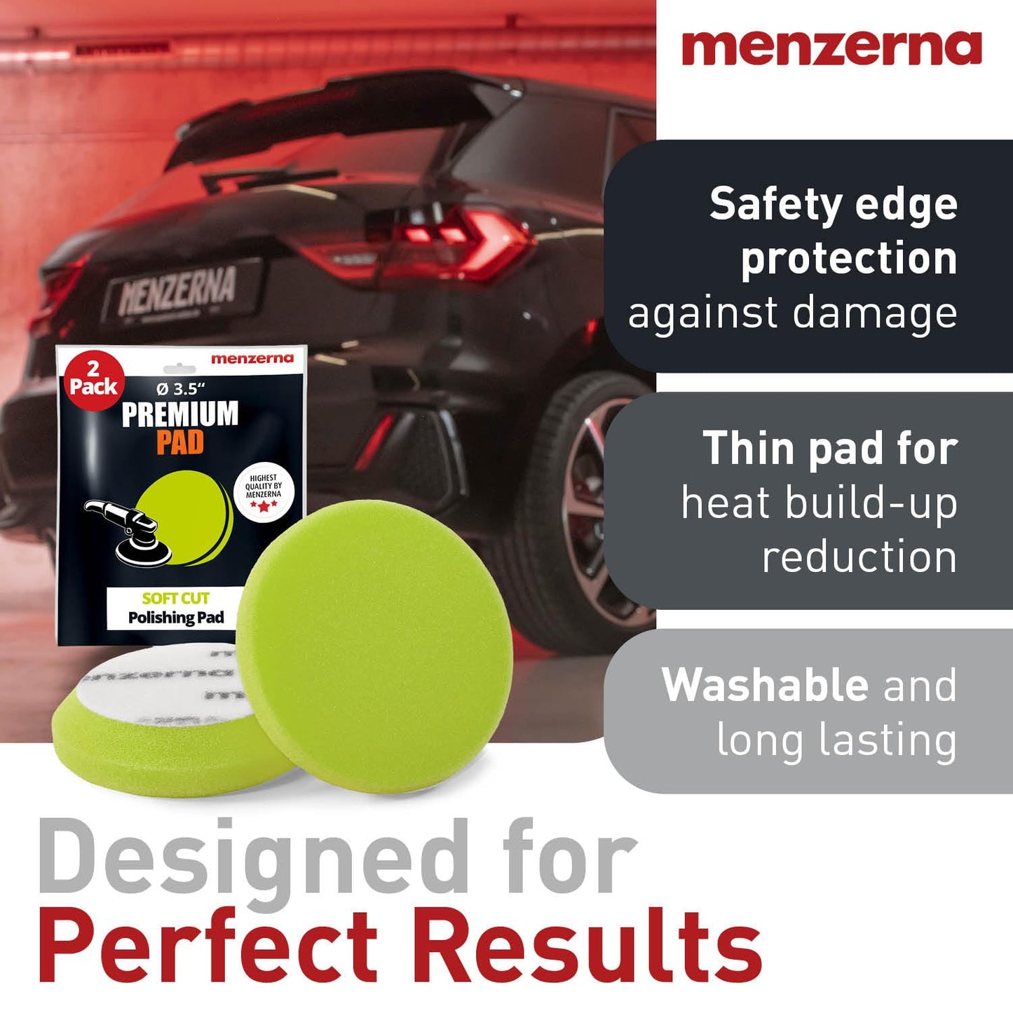 menzerna 3.5 Inch 2X Premium Polishing Pads Finish I High Shine Finishing Buffer Pad I Body Repair Buffing & Polishing I with Safety Edge, Velcro Attachment I Washable & Long Lasting