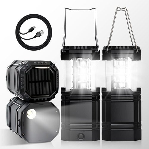 Camping Lantern Rechargeable, 2-in-1 Solar Flashlight & Tent Light, Emergency Camping Flashlight, Hanging Lanterns for Power Outages, Black 4 Pack