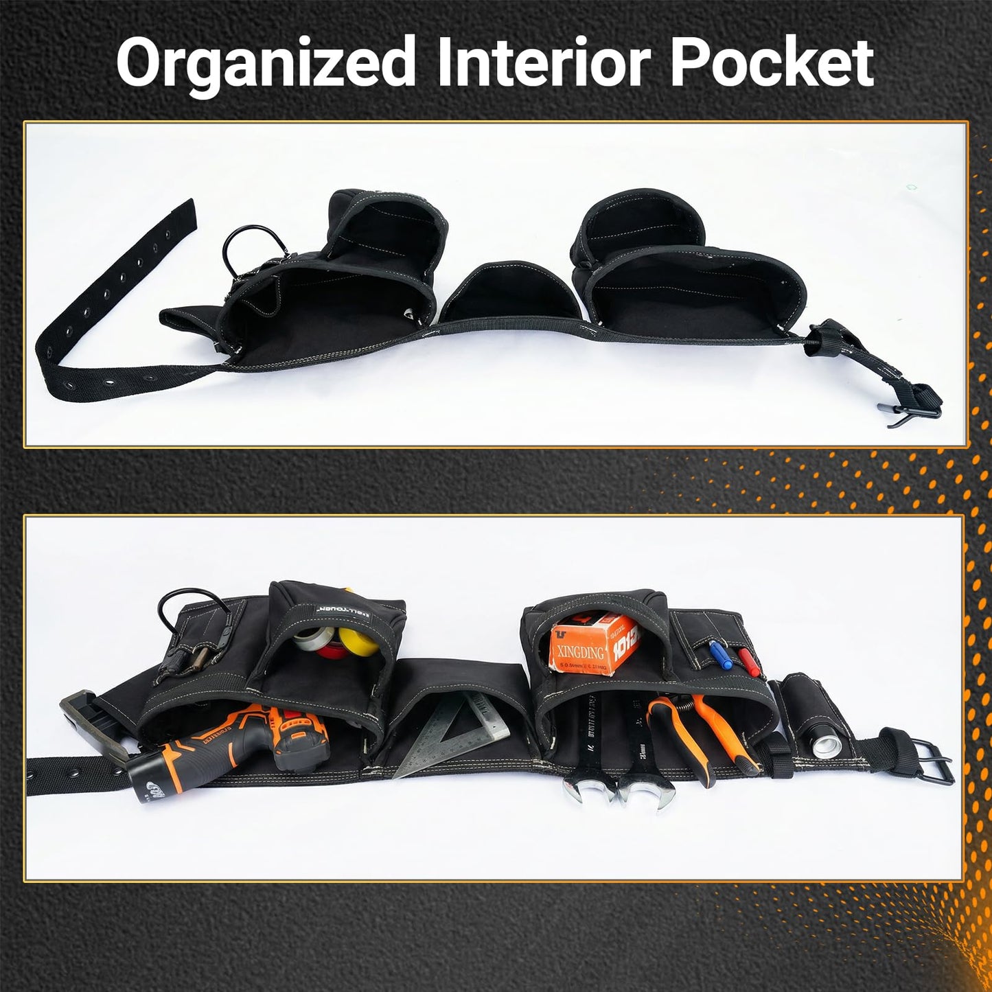 MELOTOUGH 14-Pocket Tool Belt Combo with Pouches for Electrician & Carpenter, Heavy Duty Adjustable Work Utility Belt for Men, Industrial-Grade Tool Rig Organizer, Work Apron（Black）