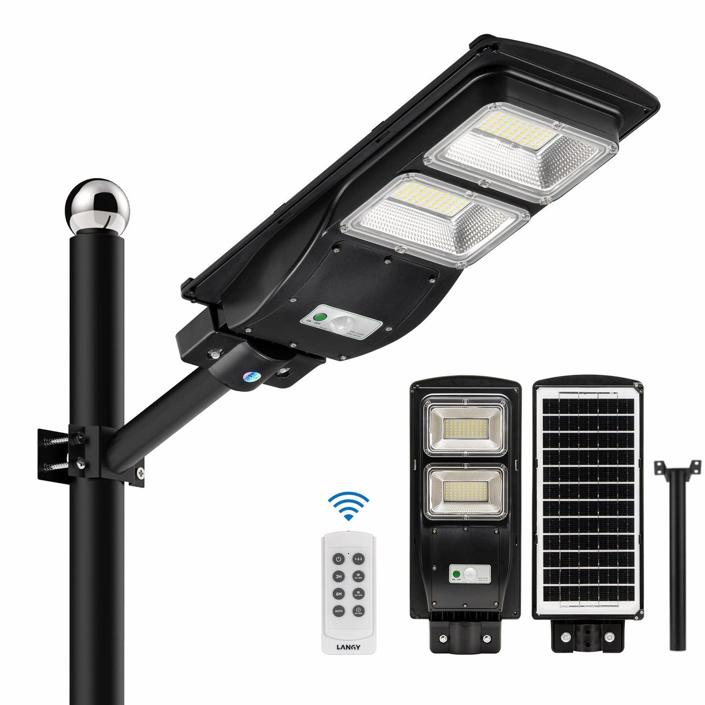 LANGY Upgraded Solar Street Light 6000 Lumens Outdoor,10000mAH Battery,120 LED Street Light Solar Powered with Remote Control,Dusk to Dawn Outdoor Lighting with Motion Sensor,Waterproof