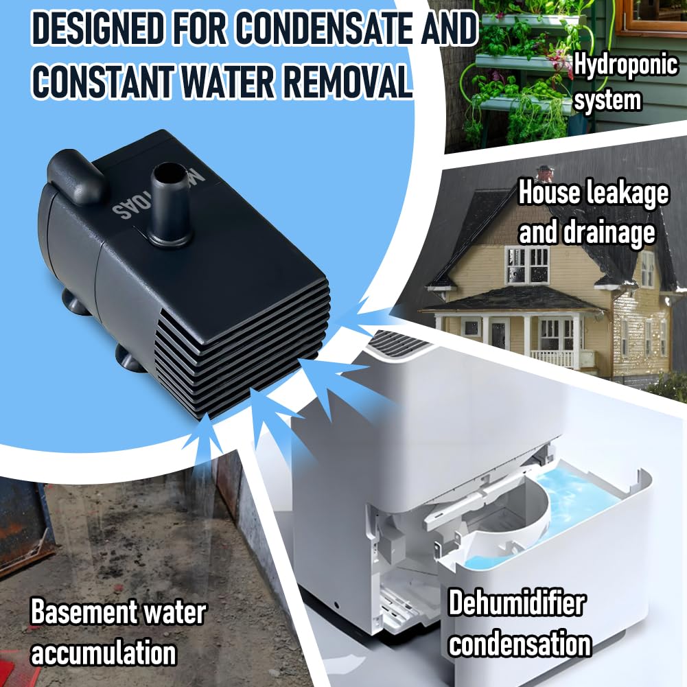Automatic Small Sump Pump with Water Sensor, 8 FT Lift 74 GPH with 6 FT Tubing, 115/230V Mini HVAC Condensate Removal Pump with Float Switch for Dehumidifier, Air Conditioner, Hydroponic, Auto On Off
