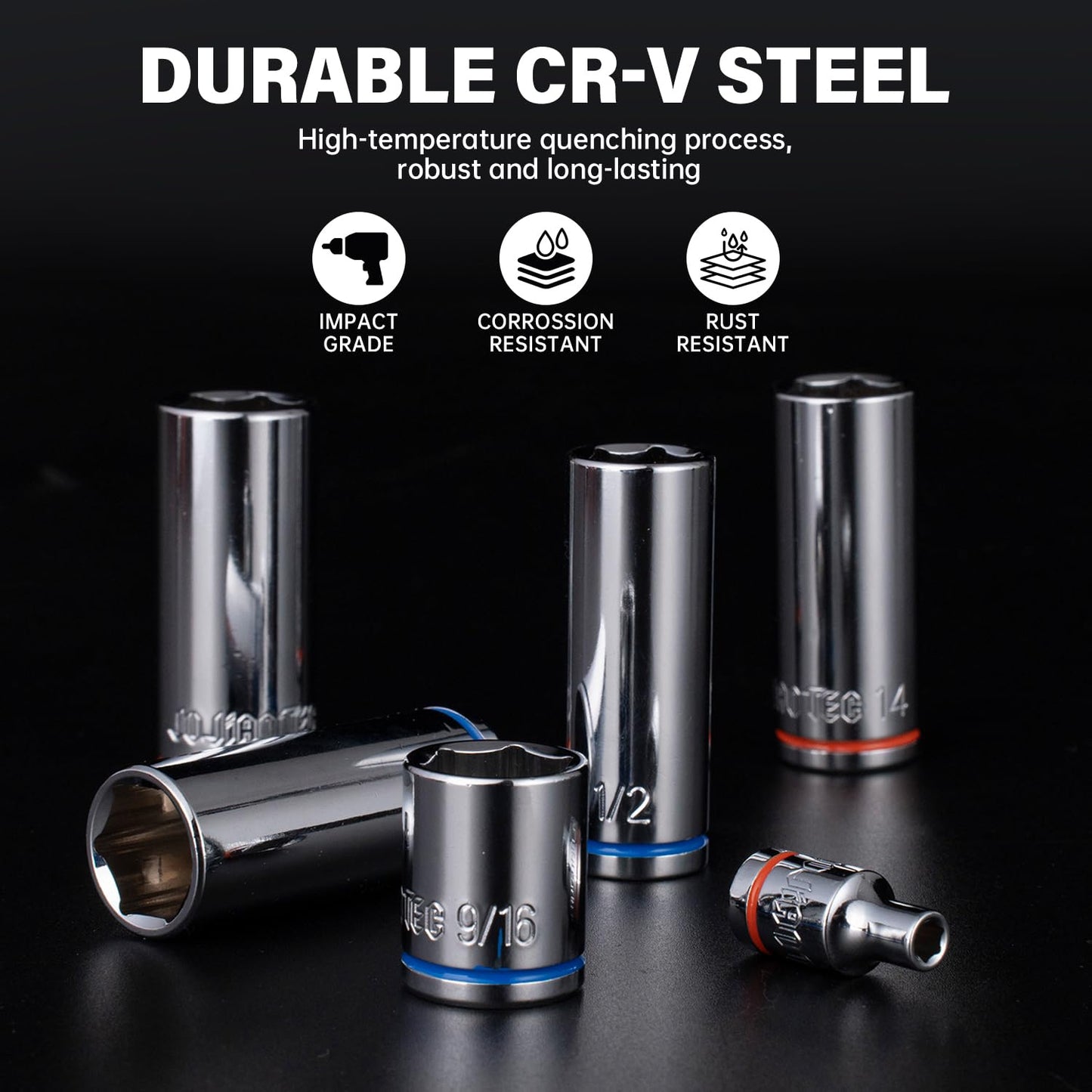 JU JIAN TEC 47-Piece 1/4" Drive Impact Socket Set - Deep & Shallow Socket Set SAE 5/32"-9/16" and Metric 4-15mm, 6 Point CR-V Alloy Steel for Auto Repair, with Molded Case