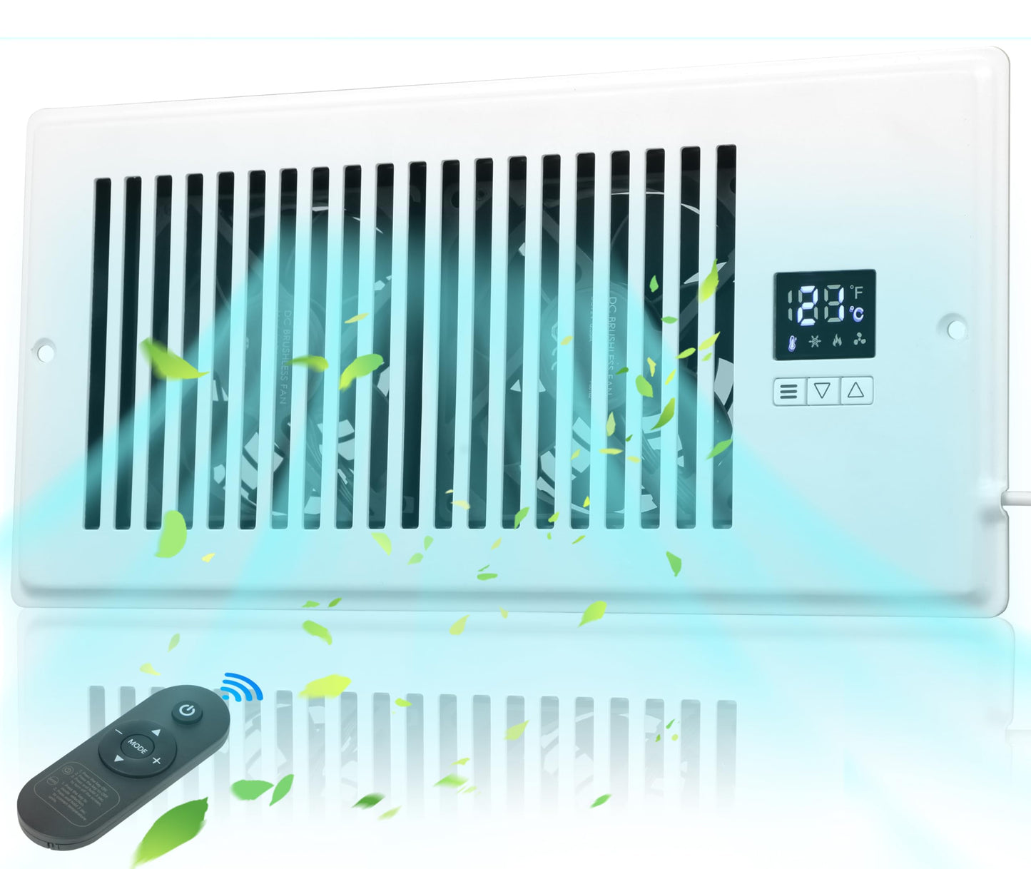 Xcity Quiet Register Booster Fan, Intelligent 4"x10" Vents, 10-speed, Air Vent Fan with Remote Control & Thermostat, Smart LED Display Ideal for HVAC, Integrated Heating & Cooling, White