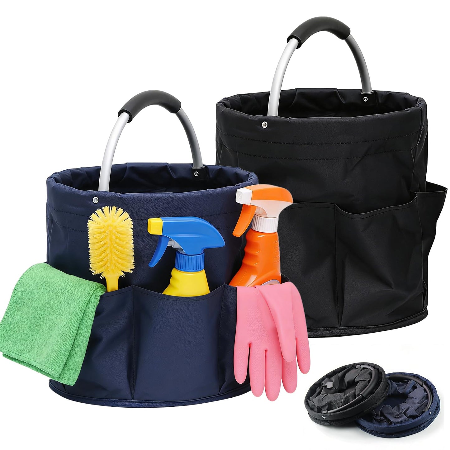 Tool Bucket Organizer 2-Pack, 17L Foldable Cleaner Caddy with 6 Pockets，Handle for Garden、Family and Bathroom, Can Also be Used as a Beach Basket or Shopping Basket，Black+Navy Blue
