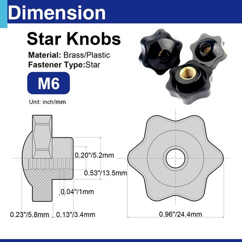 Usdrwam 20 Pcs M6 Knob 6 Star Knobs Female Threaded Hexagon Head Black Nylon Screw-On Type Thru Knob Clamping Knobs Jig Knobs T Track Bolts