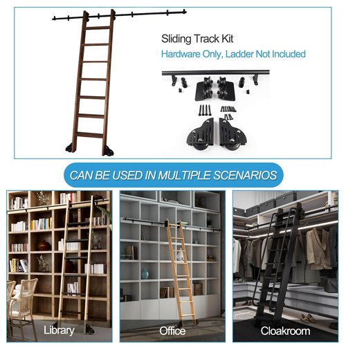 Library Sliding Ladder Hardware Kit with Floor Roller Black Metal Steel Round Tube Track 3.3ft 24ft Rolling Ladder Hardware Set for Library