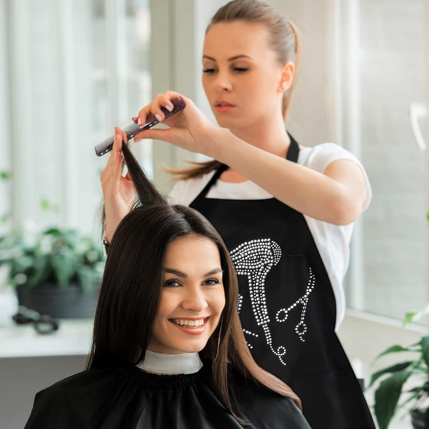 Coume 2 Pcs Hair Stylist Apron Hairstylist Salon Apron with Rhinestone Tools 3 Pockets Waterproof Hairdresser Barber