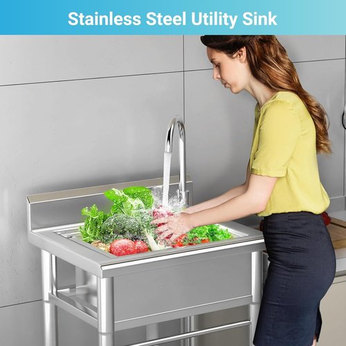 Lafati Stainless Steel Utility Sink - Single Bowl Free Standing Kitchen Sink NSF Certificated with Cold and Hot Water for Farmhouse, Bathroom, Bar, Laundry Room (23 Inch)