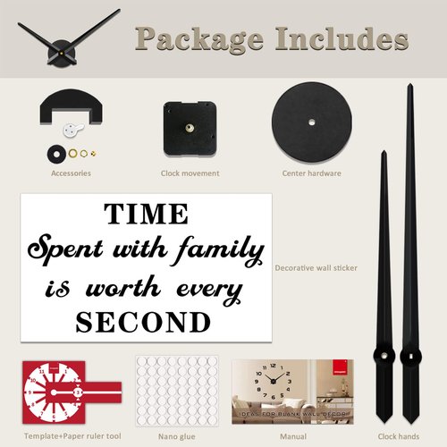 VANGOLD Large Wall Clock with 3D DIY Clock Hands Needles, Mechanism & Wall Sticker for Home Office Decor