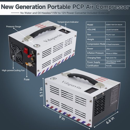 PCP Air Compressor, 4500Psi Portable Compressor, 12V DC/110V AC PCP Air Gun Compressor Manual Off, Built-in Cooling Fan with Power Adapter, Suitable for Paintball, Air Rifle, Diving Bottle