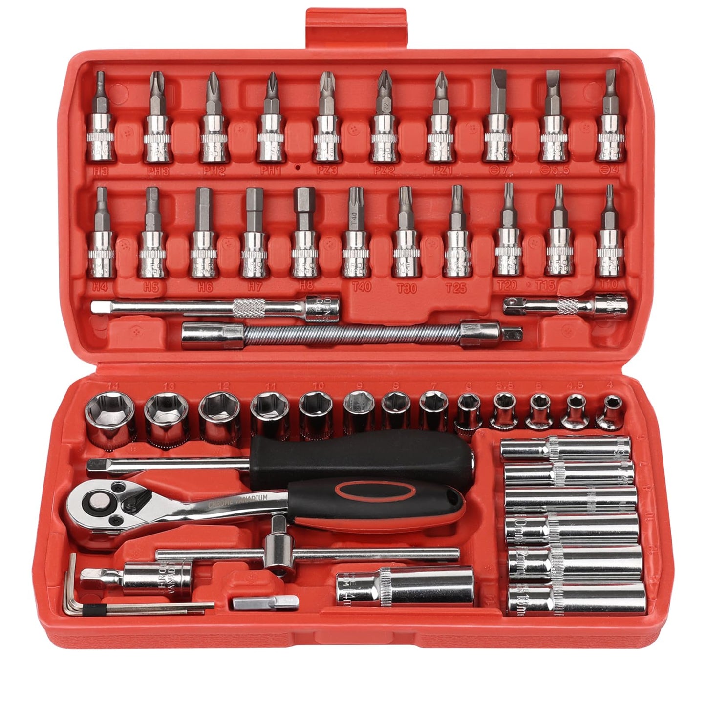 Egofine 53 Pieces 1/4 inch Drive Socket Ratchet Wrench Set with 72 Tooth Reversible Ratchet, with Bit Socket Set and Extension Bar for Auto Repairing and Household, with Storage Case