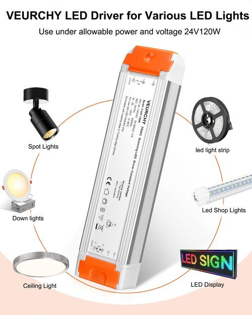 VEURCHY 120W 24V Dimmable LED Driver,Triac Dimmable Transformer AC 120V to DC 24V 120 Watt Compatible with Lutron & Leviton Dimmer Switches, Dimmer Led Power Supply 24 Volt for Strip Lights