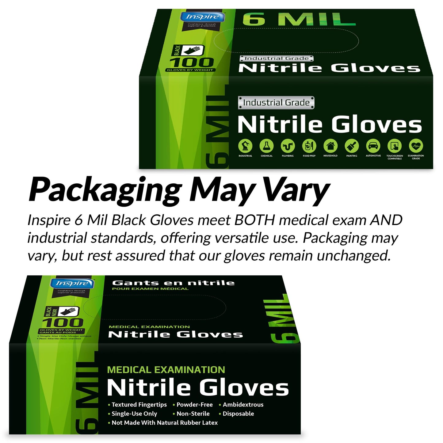 Inspire HEAVY DUTY 6Mil ORIGINAL Quality Stretch Nitrile Gloves Black Disposable Latex Free | Food, Industrial, Mechanic Tattoo (6Mil Black, Medium)
