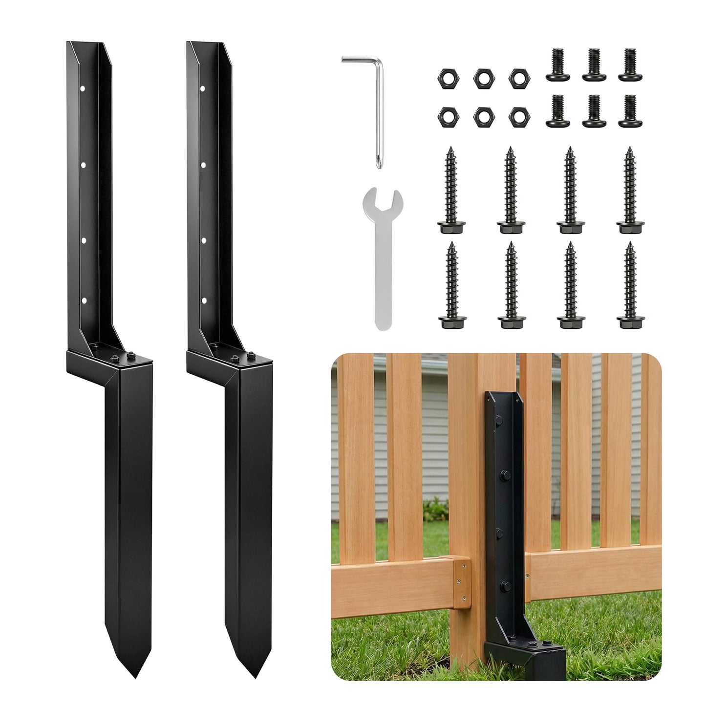 Saker Neo Fence Post Repair Kit – Heavy Duty Steel Fence Post Anchor for Leaning or Broken Posts, Fence Post stabilizer with Screws & Tool,32inch(2 pcs)