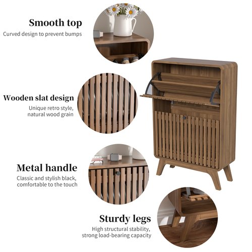 Jluomei Fluted Entryway Shoe Cabinet Storage, Wood Modern Rack Organizer with 2 Flip Drawers, Narrow Slim Shoe Organizer Cabinet for Entry Way, Wooden, Small, Hidden, Brown, Walnut