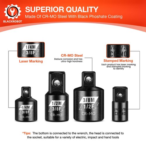 BLACKROBOT 4 Piece Impact Socket Adapter Set, 1/4" 3/8" 1/2" SAE Drive Socket Adapter Set, Square Adapter and Reducer Conversion Set for Impact Driver Wrench, Cr-Mo Steel