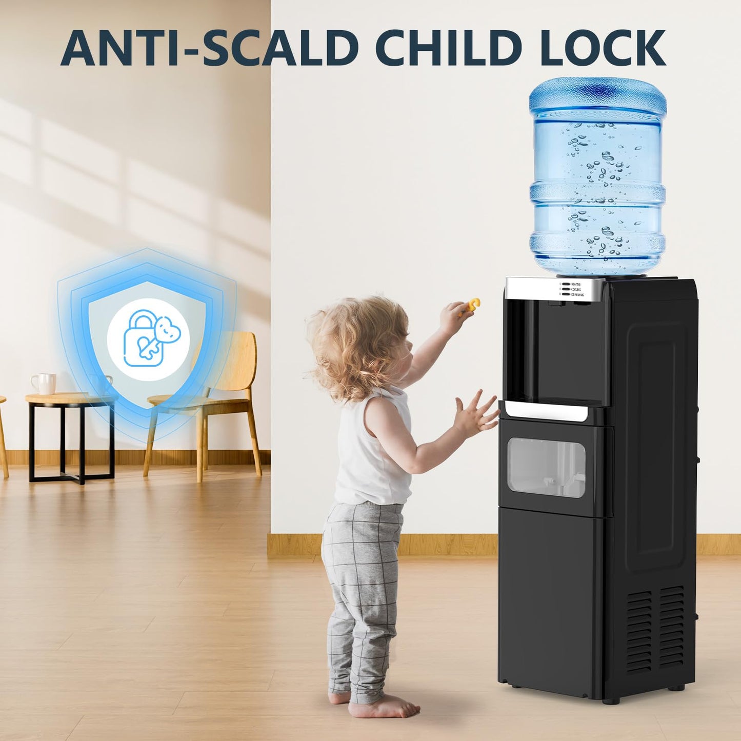 Antarctic Star 3-in-1 Water Cooler Dispenser with Built-in Ice Maker, Hot & Cold Top Loading, Water Dispenser for 5 Gallon Bottle, 33LBS/24H Ice Maker with Child Safety Lock, Black