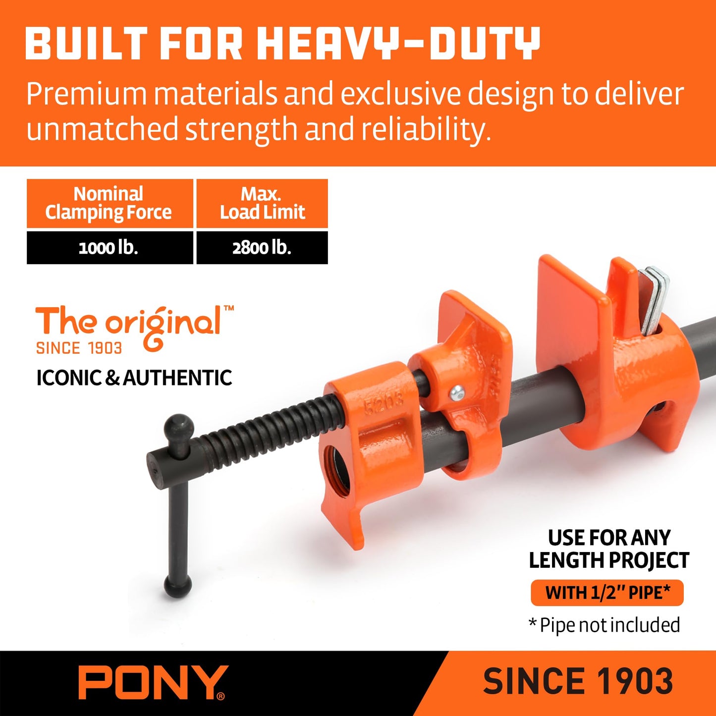 PONY ORIGINAL 2-Pack 52 Wood Gluing Pipe Clamp Fixture for 1/2 Inch Black Pipe