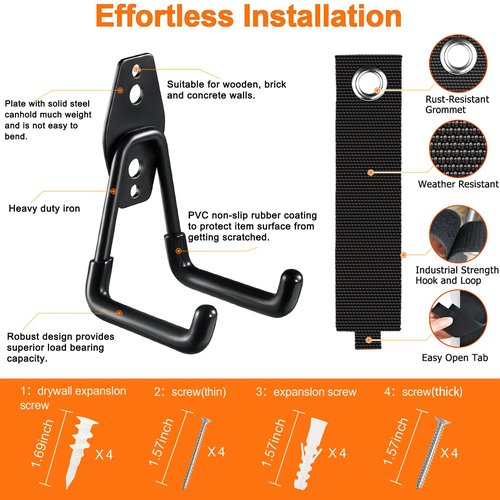 HUPBIPY Heavy Duty Garage Hooks 4 Pack, 7.7 inch U Shaped Long Hanger, with 2 Extension Cord Holder Organizer, Wall Mounted Storage System, for Power and Garden Tool Hanging， Ladders, Bikes, Hose