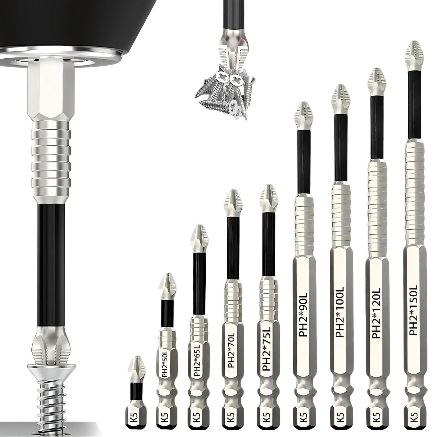 9PCS High-Magnetic Screwdriver Drill Bit Set, Anti-Slip Magnetic Electric Screwdriver Set(25 50 65 70 75 90 100 120 150mm)for Electric & Hand Screwdrivers, Anti-Slip Precision Bits with Enhanced Grip