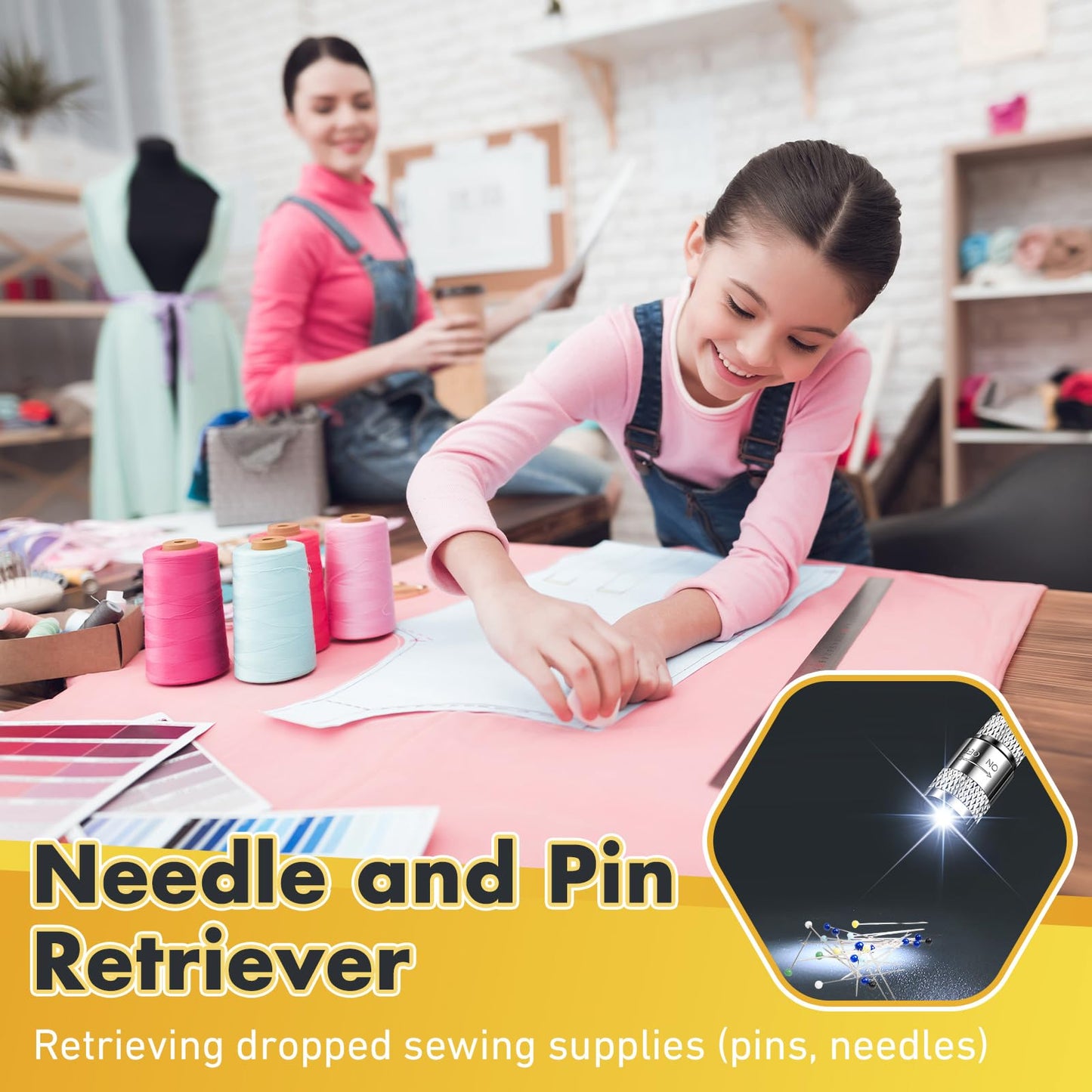 Lasnten Needle and Pin Retriever Telescoping Magnetic Pickup Tool with LED Extends to 31.1" Picks up Metal Sewing Notions Without Bending Over Extendable Magnet Pickup Tool