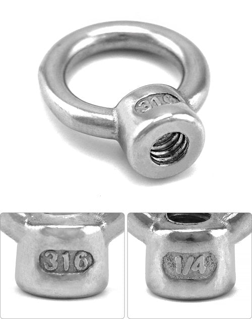 QWORK Lifting Eye Nut, 10 Pack, 1/4" UNC Marine Grade Stainless Steel 316