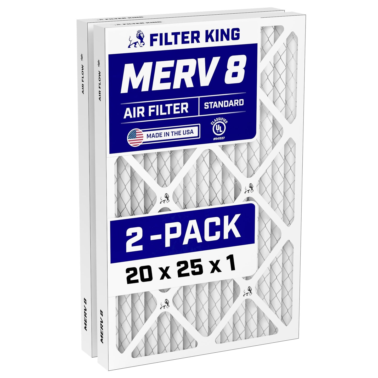 Filter King 20x25x1 Air Filter (MERV 8) (2-Pack) Dust & Allergy Control AC Furnace Filters, MADE IN USA, HVAC, Pleated, Electrostatic (Actual Size: 19.5 x 24.5 x .75)