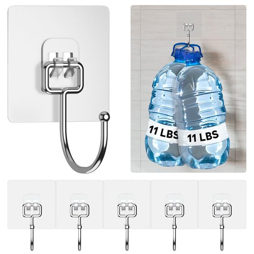 GLUIT Adhesive Large Wall Hooks for Hanging Heavy Duty 22 lbs Hook for Walls No Damage (6 Large Hooks)