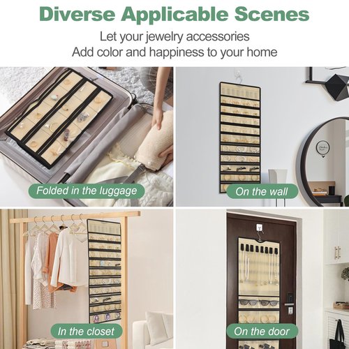 Pahiuii Hanging Jewelry Organizer– Double-Sided Jewelry Holder for Earrings, Necklaces, Rings – Closet Hanging Organizer & Travel Jewelry Organizers for Women, Wall or Door Use, Day Gifts (Beige)