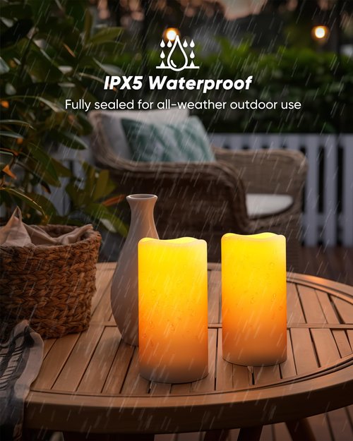 Homemory Solar Candles Outdoor Waterproof, 3"x6" Rechargeable Solar Powered Lights, Flameless Flickering Dusk to Dawn Sensor Outdoor Pillar Candles for Lanterns, Garden, Patio, Porch, Set of 2