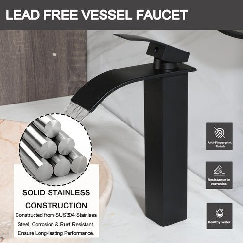 HM HomeMieco Oval Marbling Vessel Sink with Waterfall Faucet and Pop-up Drain Ceramic Bathroom Sink Above Counter Bowl Sinks for Bathrooms