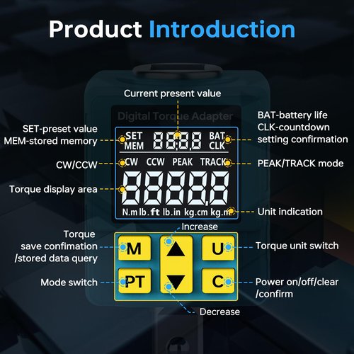 Upgrade Digital Torque Adapter, (±1% Accuracy, 12.5-250Ft-lb), 1/2" Digital Torque Wrench Adapter for Car, Versatile Meter - Smart Alert | Peak/Track | Preset | Store/Delete, for Automotive(340N.m)